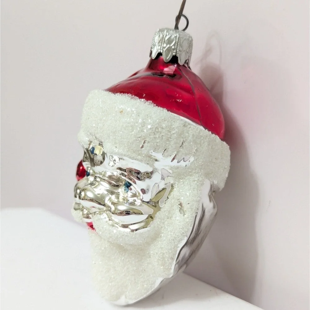 Vtg West Germany Mercury Glass Santa Claus Head Christmas Ornament Mica Beard